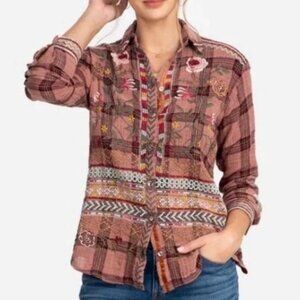 Johnny Was Pink Multi Plaid Embroidered Button-Down Shirt
